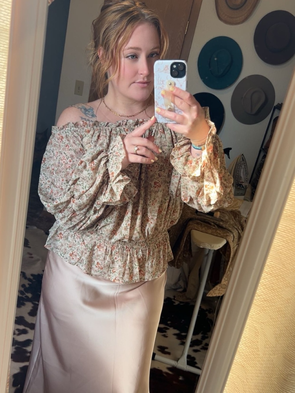 Floral Off-Shoulder Smocked Women's Blouse - Cream with Rust Floral